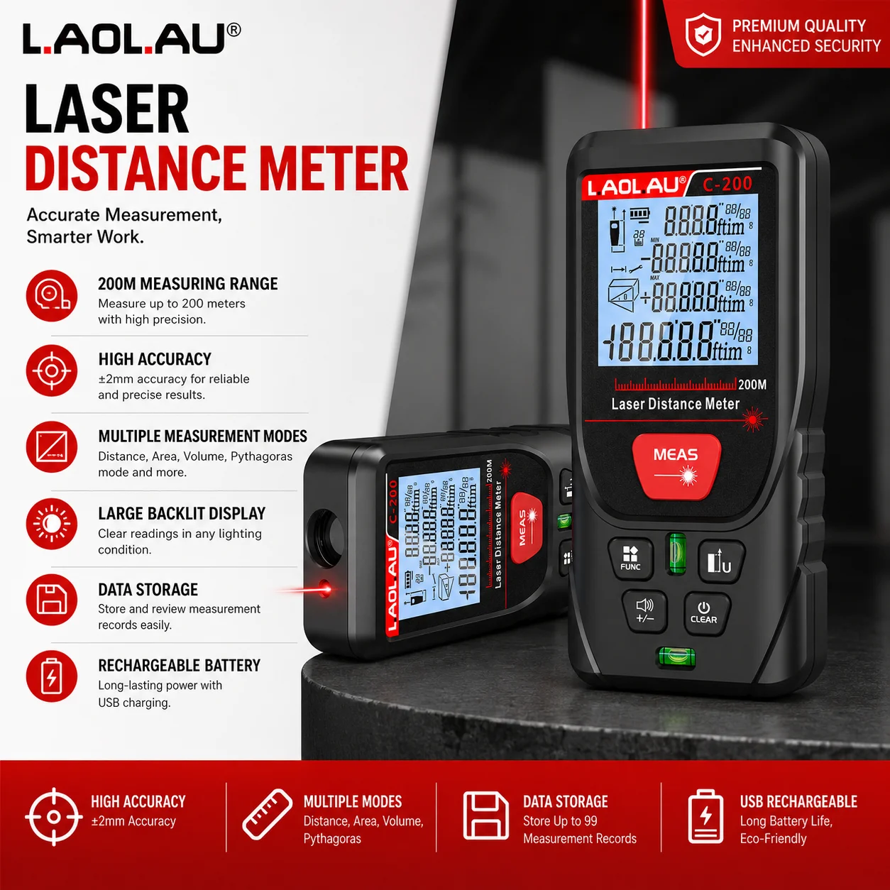 Power Tools Red - LAOLAU Pengukur Jarak Laser Digital Meteran